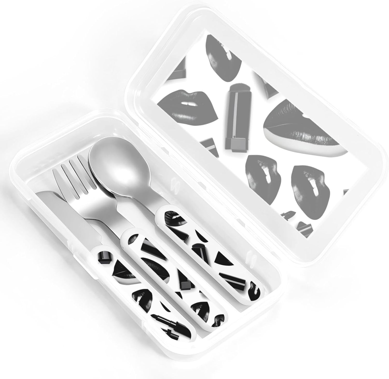 Cool Black Lipstick Lips Print Stainless Knife Spoon Fork 3-Piece Set,Flatware Cutlery Set With Storage Case