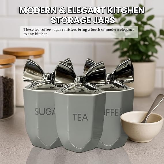 OBD Ceramic Tea Coffee Sugar Canister Set Airtight Kitchen Storage Jars with Silver Lids for Home Countertop Organization Other Sweet Treats Kitchen Accessories (Grey)