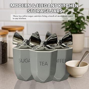 OBD Ceramic Tea Coffee Sugar Canister Set Airtight Kitchen Storage Jars with Silver Lids for Home Countertop Organization Other Sweet Treats Kitchen Accessories (Grey)