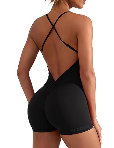 YEOREO Backless Tummy Control Jumpsuits for Women One Piece Workout Jumpsuits Sleeveless V Back Lizvette Scrunch Yoga Rompers - Black - Medium