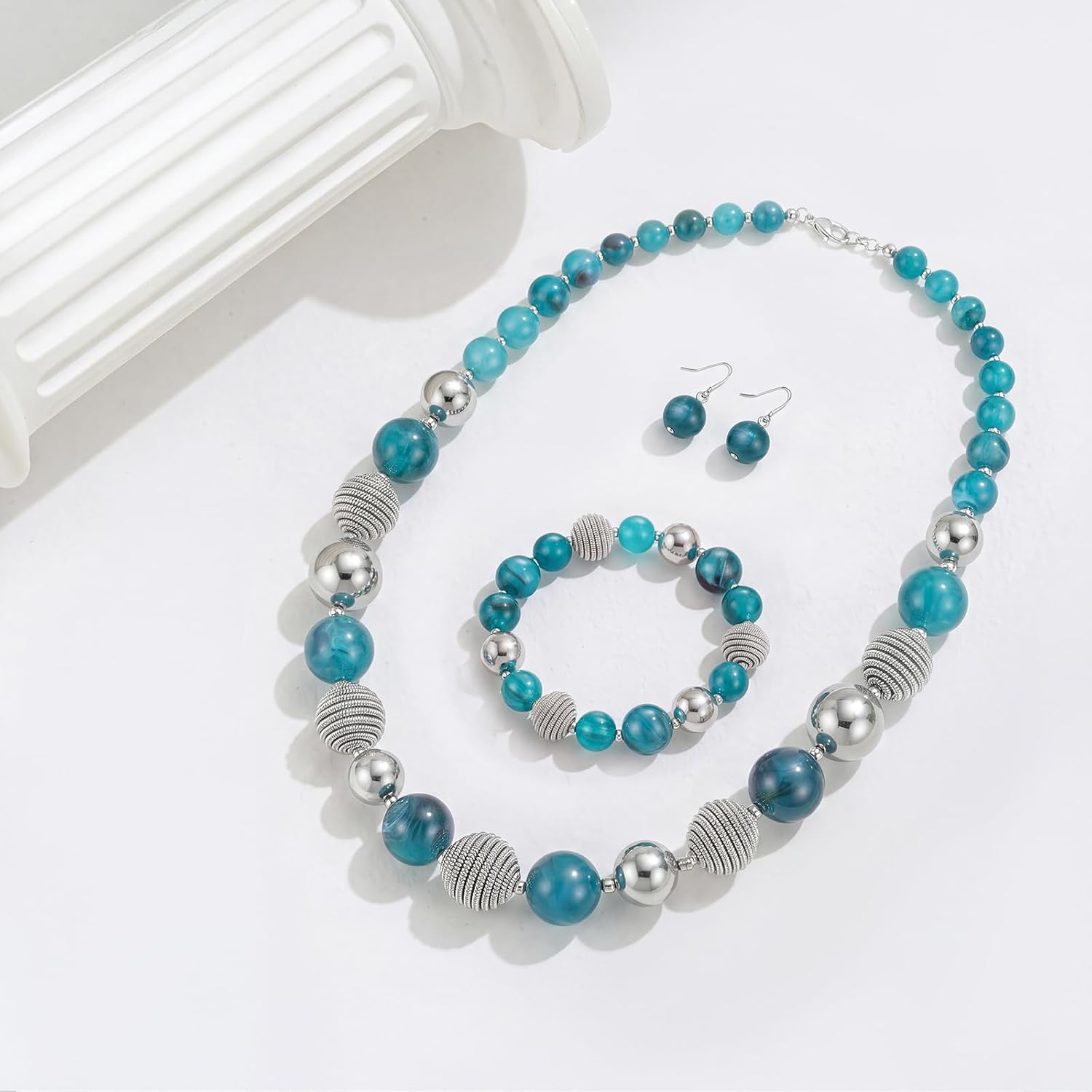 PEARL&CLUB Beaded Chunky Statement Necklace Earring and Bracelet Set Silver Metal Bead Fashion Jewelry Set Mothers’ Day Gifts for Women image 3