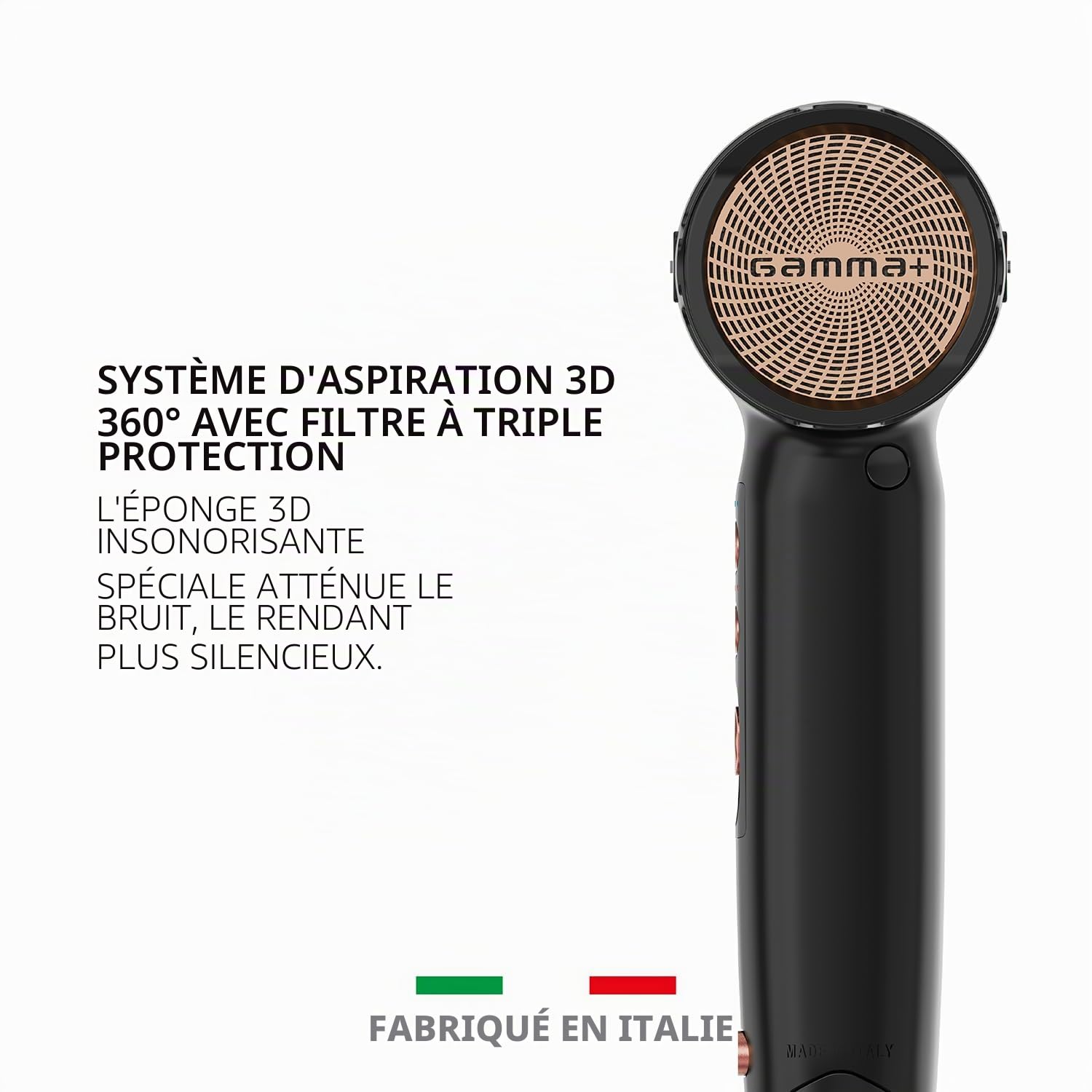 GAMMA+ X-Horizon Sèche-cheveux Ionique, Sèche-cheveux Professionnel Ultra-léger 290 gr, Dual Ionic Technology, Système d'Alerte Nettoyage Filtre, 120.000 tr/min, Made in Italy (Noir, Prise Schuko)