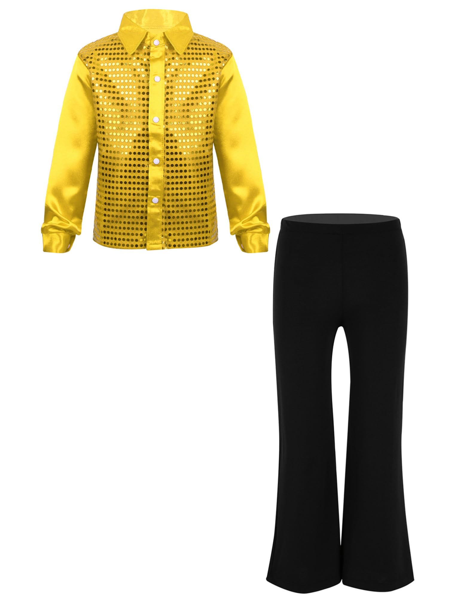 easyforever Kids Boys Sparkle Long Sleeve Button-Down Shirt Hip Hop Latin Jazz Dance Tops and Pants Performance Costume Gold 6 Years