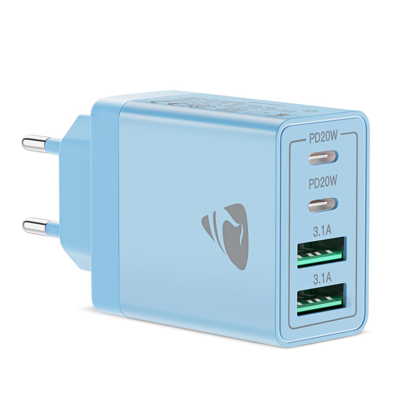 USB C Ladegerät, 4-Port Schnellladegerät mit Intelligent QC USBA und USBC Power Adapter, 40W Netzteil Mehrfach USBCharger für iPhone, Samsung und andere Geräte Schnellladen Ladestecker (Hellblau)