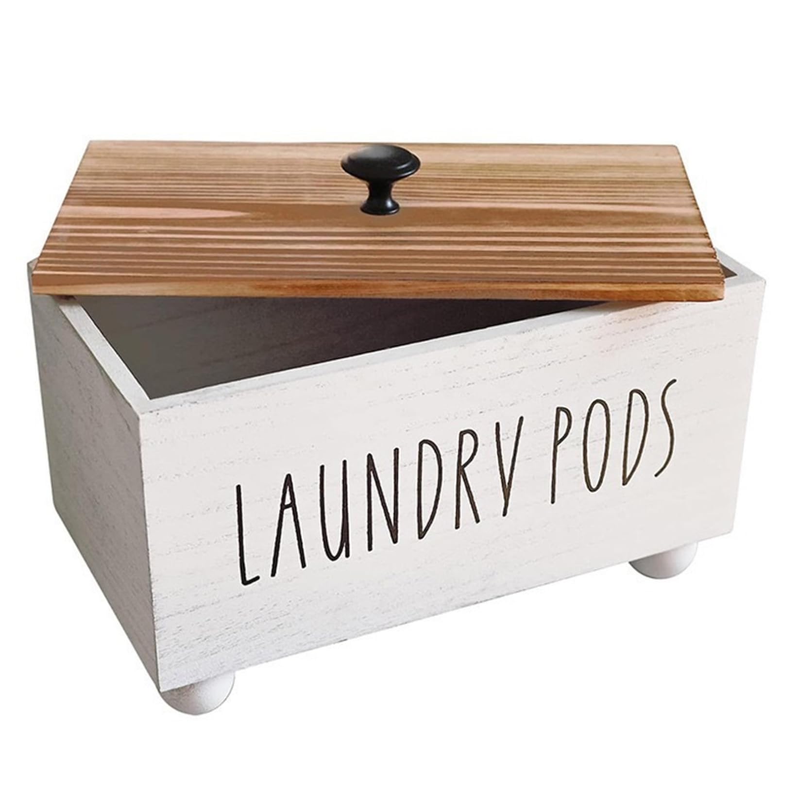 Neptuiby Laundry Pod Holder with Lid & Compartments, Wooden Multi-Use Dryer Sheet Container, Wood Bathroom Organizer Box for Cotton Balls, Feminine Products (White)