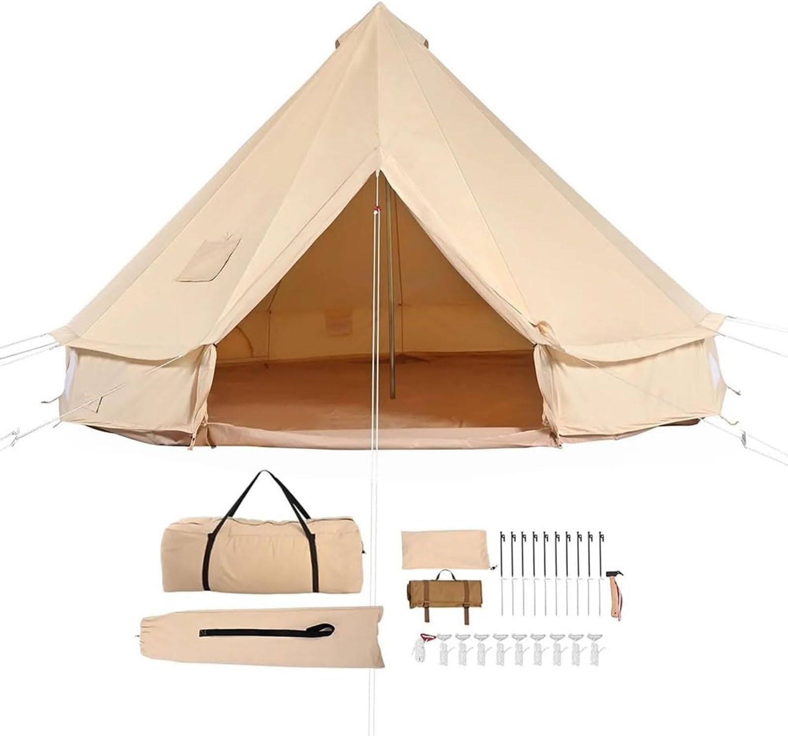 Canvas Bell Tent with 2 Doors and Zipped Groundsheet, 3-6m Yurt Tent, 4-Season Stove Jack for All-Year Camping