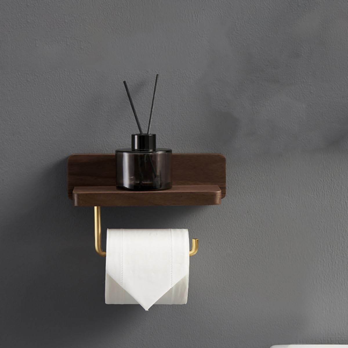 Solid Wood Toilet Paper Wall Holder Rack with Brass Finish, No-Drill Bathroom Tissue Dispenser for Home and Hotel, Single Roll Black Walnut Toilet Paper Holder