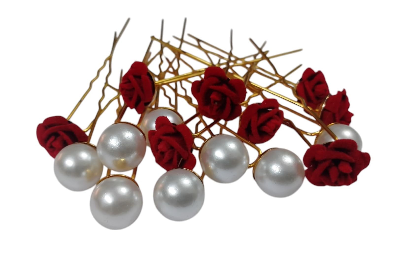 Bridal Hair Bun Pin Accessories/Fancy Golden Juda Pins with Artificial Red Rose and White Pearls for Women and Girls - Set of 16 PCs-image-26