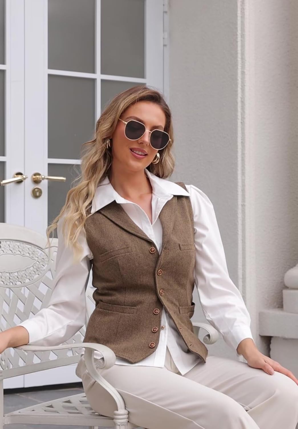 Womens Herringbone Tweed Waistcoat Lapel Sleeveless Blazers V Neck Work Office Suit Vests - Image 6