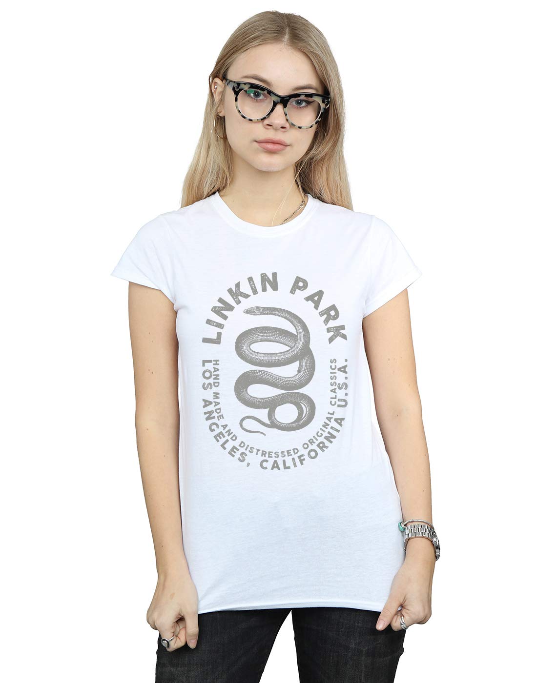 Absolute Cult Women's White Linkin Park Snake Text T-Shirt Small