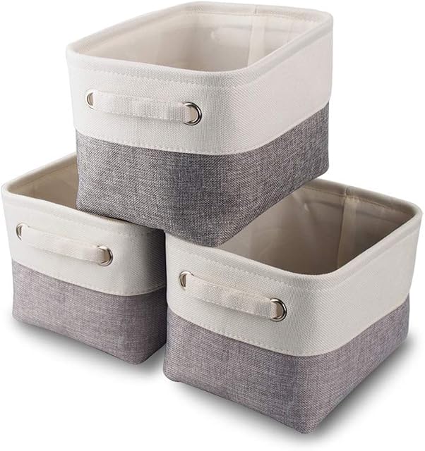 Mangata Small Canvas Storage Box, Fabric Storage Basket with Handles for Cupboards, Shelves, Clothes, Toys (3 Pack, Foldable, Grey White)