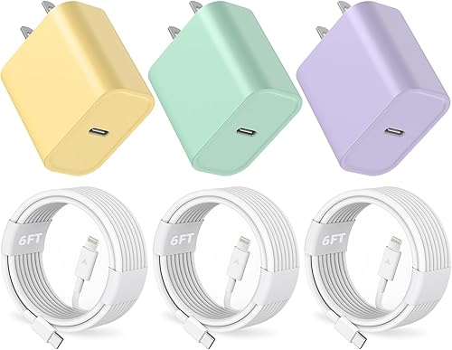 Paquete de 3 cargadores USB C, 20 W PD USB C adaptador de cargador rápido de pared con 3 unidades certificado MFi 6 pies tipo C a cable Lightning disponible en Yaxa Peru