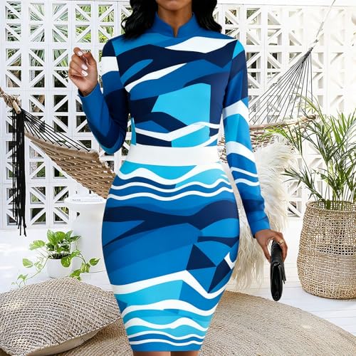 Image of MsavigVice Bodycon Dress Women Mandarin Collar Long Sleeve Knee Length | Vibrant abstract prints with bold varied hues, soft stretch fabric contours curves for sleek versatile everyday styling