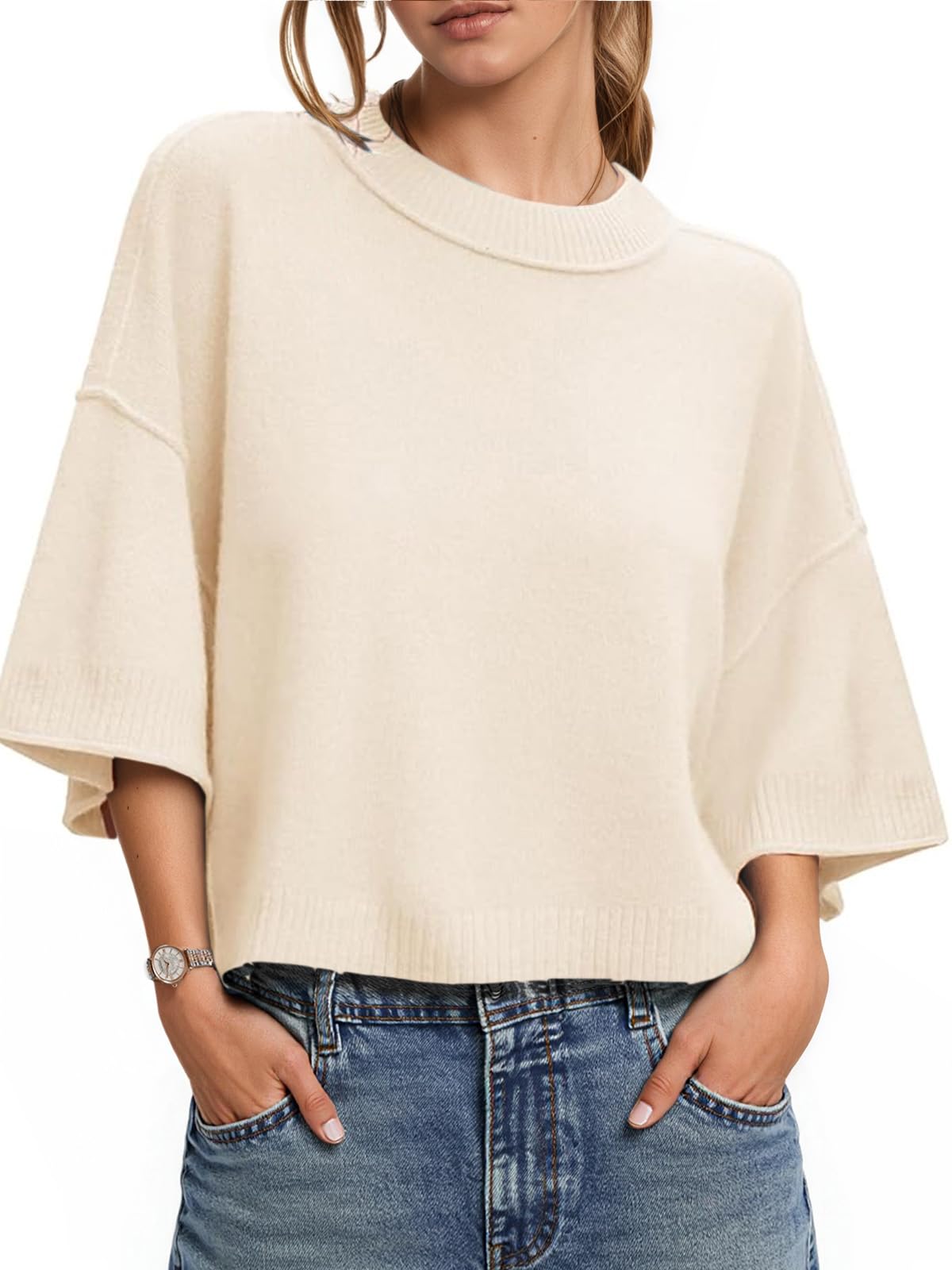 Womens Spring Summer Tops Short Sleeve Sweater 2026 Fall Fashion Casual Crewneck Knit Tops Loose Lightweight Pullover Off-white Large