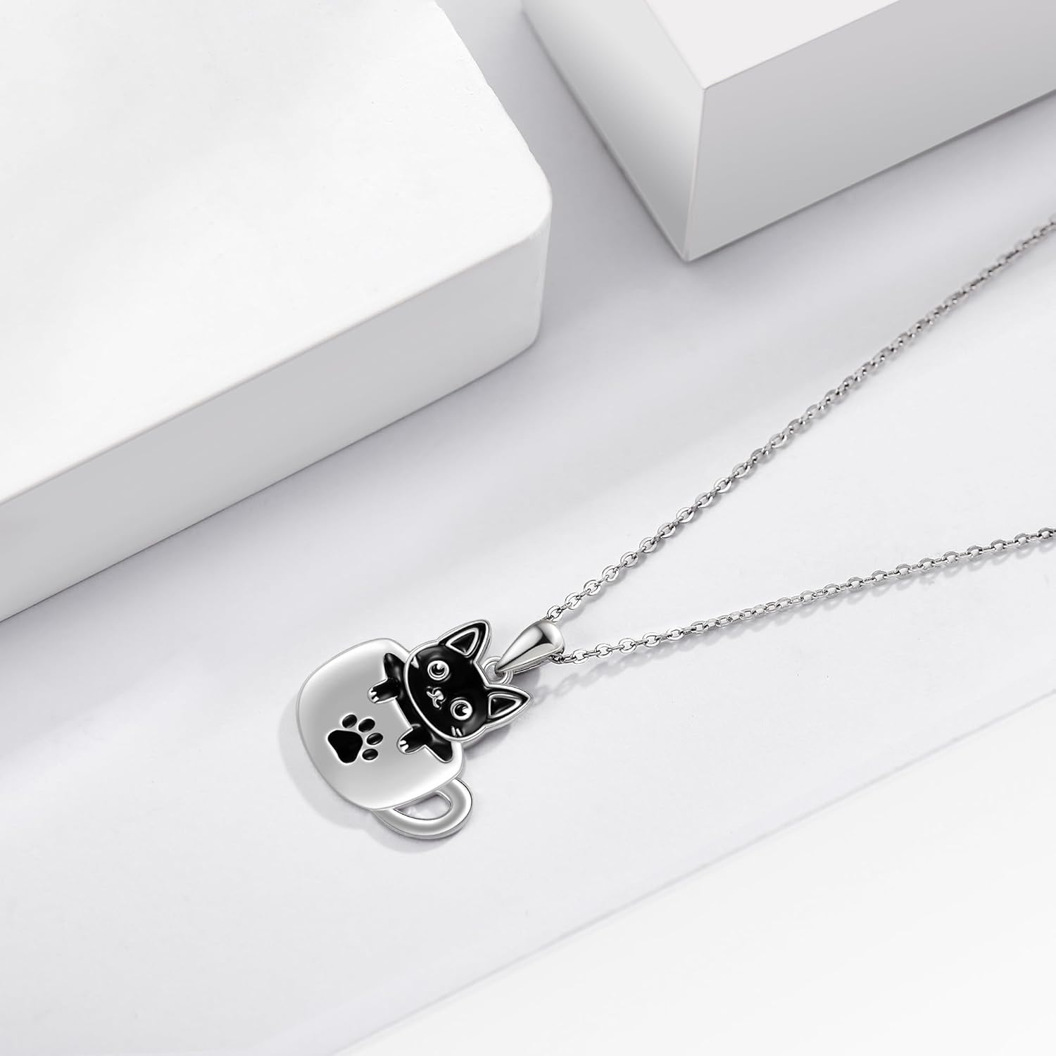 URONE Black Cat Necklace 925 Sterling Silver Cup Cat Pendant Cat Necklace Cute Animal Jewelry Gift for Women - Image 2