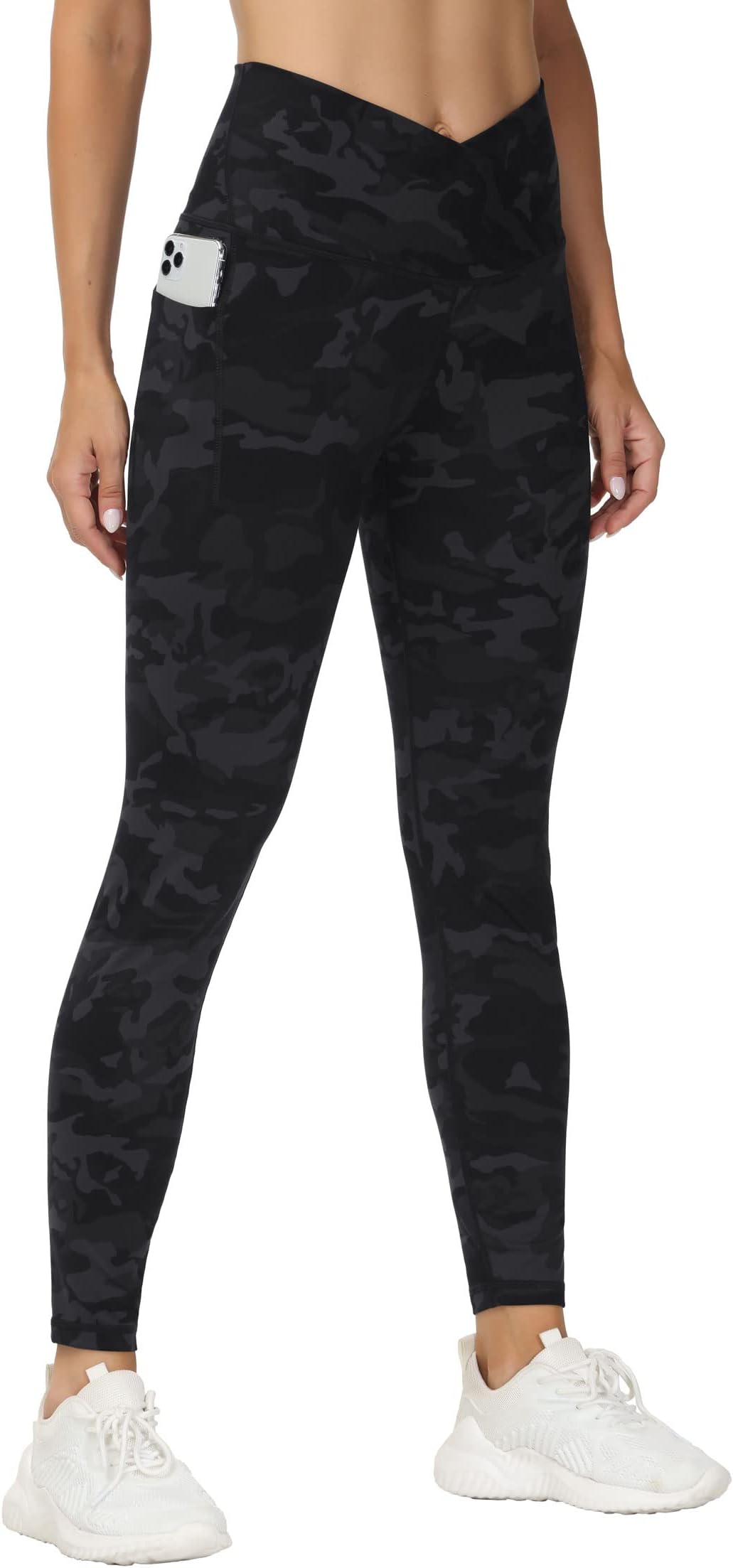 Women's V Cross Waist Workout Leggings Tummy Control Running Yoga Pants with Pockets