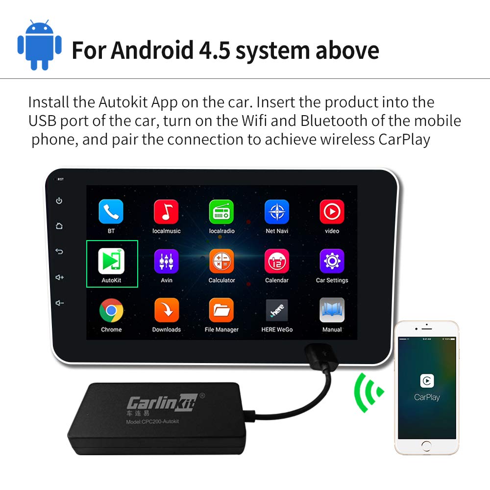 Carlinkit Carplay Dongle sans fil USB récepteur adaptateur pour unité de tête Android (autoradios Android) Compatible avec Android Auto/CarPlay/Mirror Screen, Bluetooth Carplay