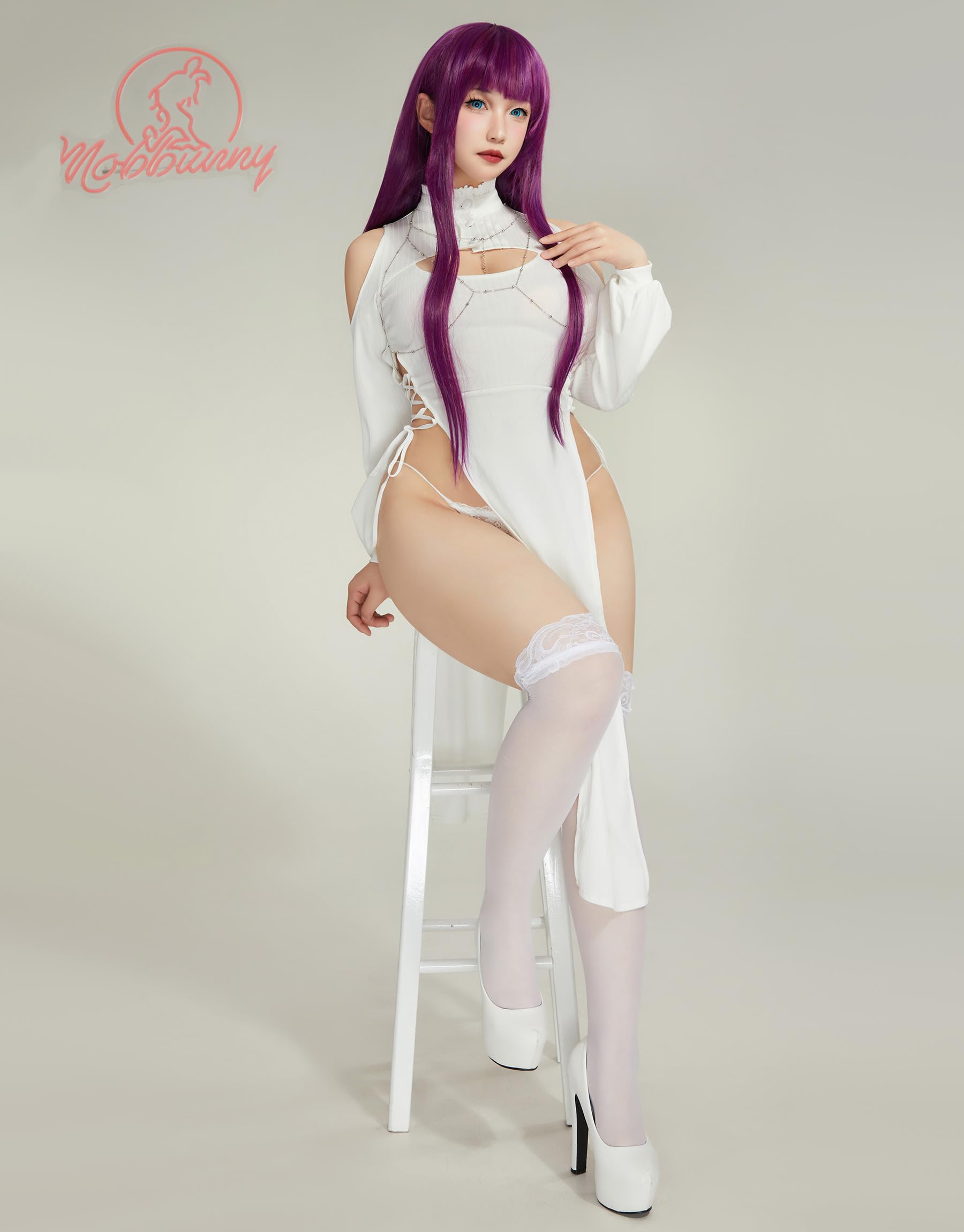 Mobbunny Women's Anime Cosplay Dress Cutout High Slit Dress and Thong with Stockings Chest Chain