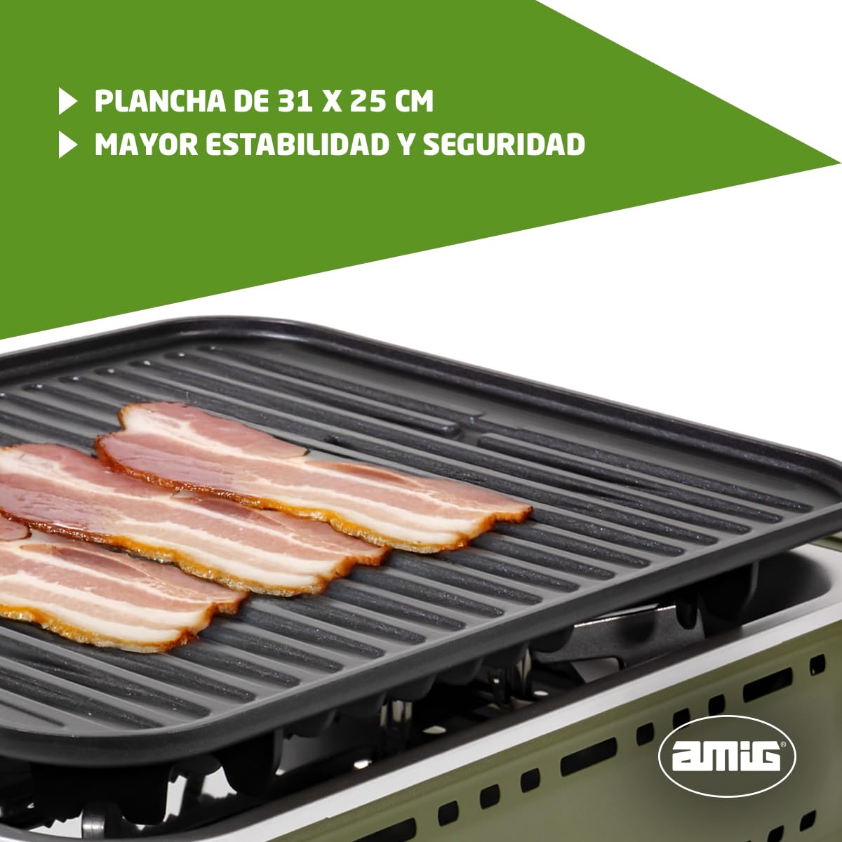 Amig - Camping Gas - Cocina Portátil - Hornillo Grill - Parrilla De Fundición De Aluminio - Con Bandeja Recoge Grasas De Acero Inoxidable - 1,8 Kw Potencia - Cartuchos B-250