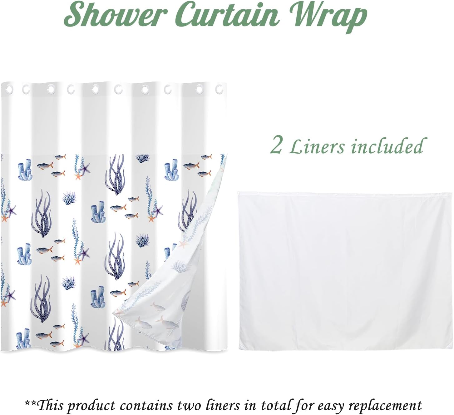 71x71 Inch Without Hook Ocean Shower Curtain and Liner Set Seagrass Coral Nautical Coastal Snap in Shower Curtains for Bathroom Minimalist Sea Marine Life Bathroom Set for Unisex