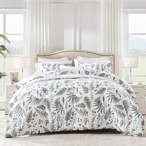 Tropical Plants Green Queen Size Comforter Set Bed in a Bag - Quilted Duvet Insert with Corner Tabs, 7 Pieces with 1 Comforter(88x88), 1 Fitted Sheet, 1 Flat Sheet, 2 Pillow Sham, 2 Pillowcase