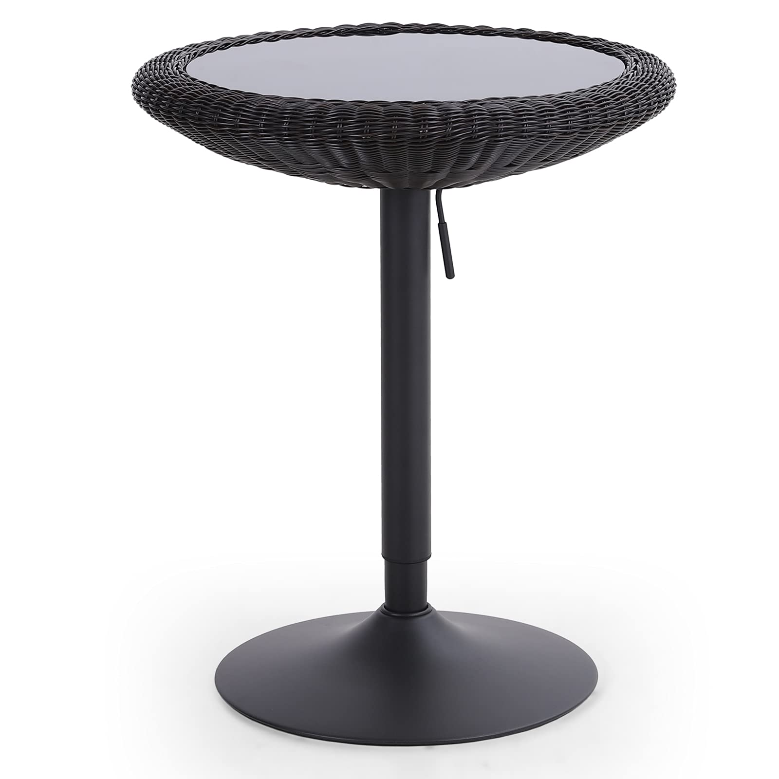 ALPHA HOME Bar Table Woven Rattan Height Pub Table Glass Desktop Round Wicker Adjustable Top Sturdy Metal Frame Balcony Table