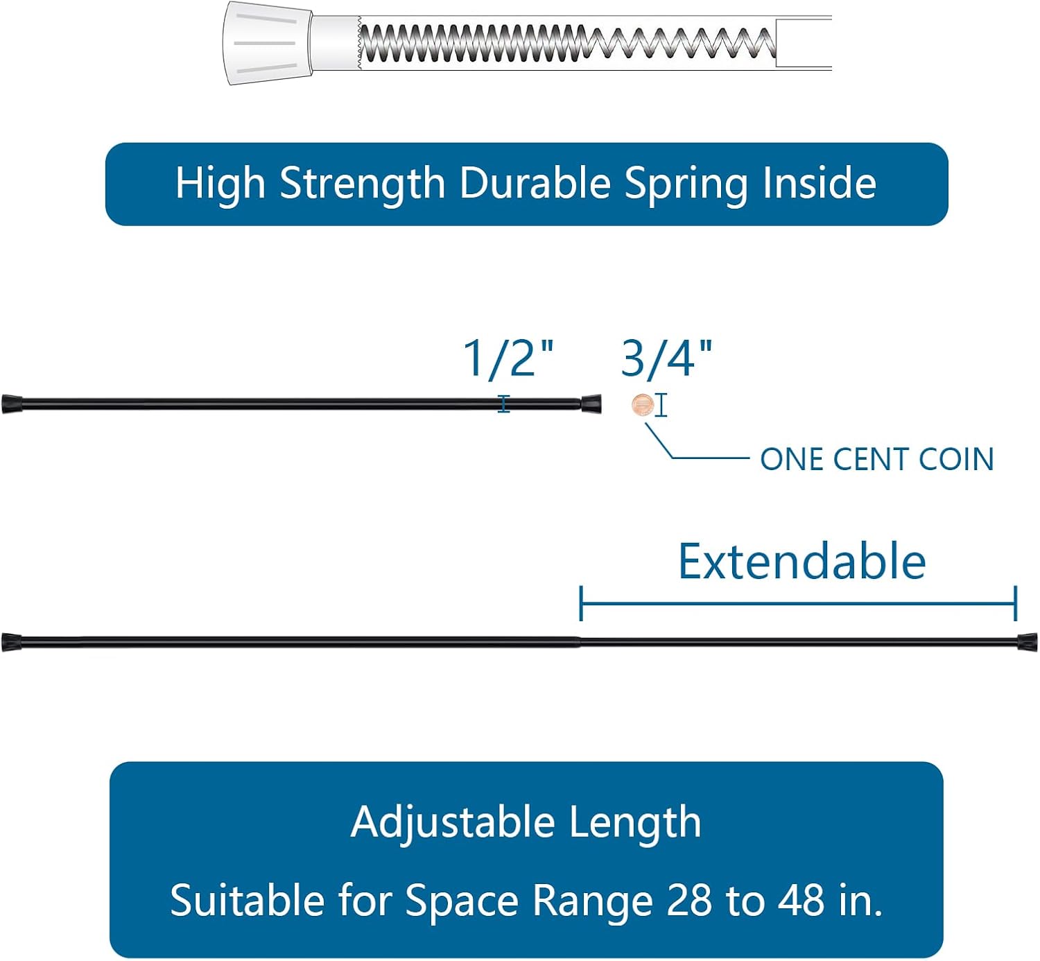 TYRON 6Pcs Spring Tension Curtain Rods for Windows 28 to 48 Inch, Black Adjustable Extendable Small Tension Rod No Drill, Room Divider Doorway Curtain Tension Rod