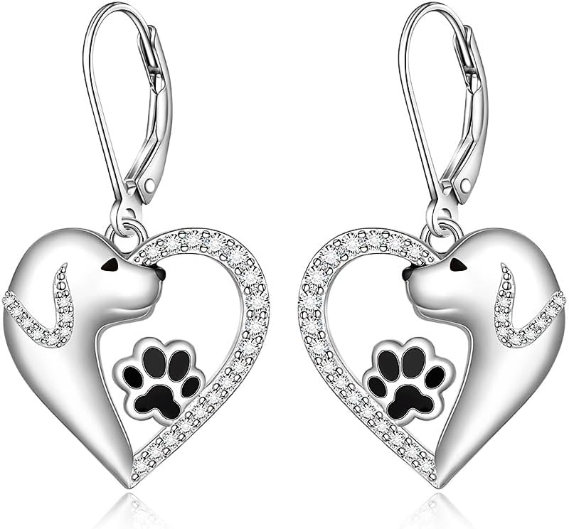 Dog Earrings Labrador Retriever Paw Print Puppy Earrings Lab Dog Earring Sterling Silver Heart Dangle Drop Dogs Lover Gifts