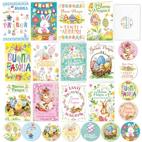 HOWAF 12 Biglietti Auguri Pasqua con Busta e Adesivi, Buona Pasqua Biglietto Auguri Pasqua in Italiano, Biglietti Pasqua Biglietti Pasquali, Biglietto Pasqua per Regali Pasqua, Regalo di Pasqua
