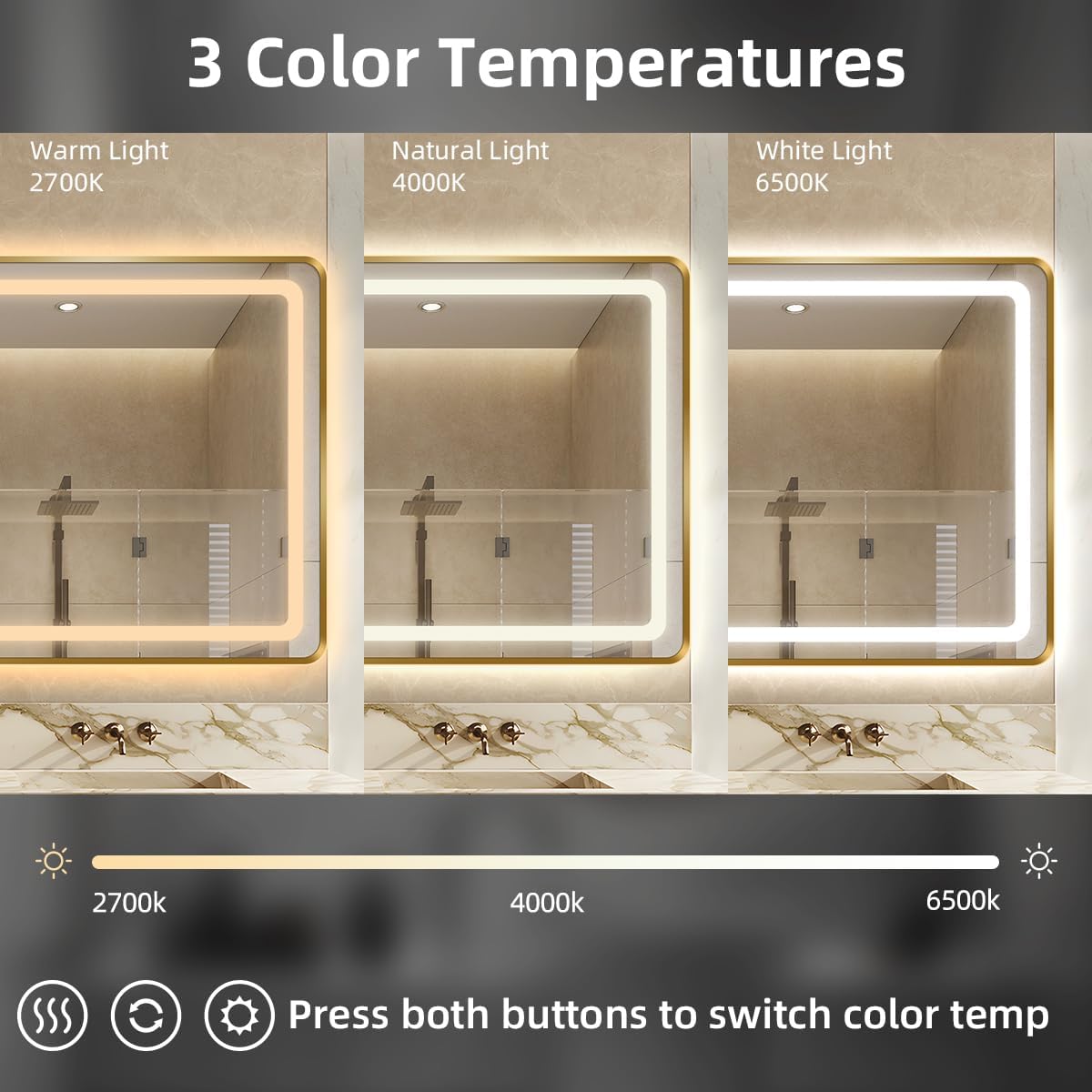 36"H x 48"W Gold LED Bathroom Mirror with Lights, Rectangle-Rounded-Corner Lighted Mirrors for Bathroom Wall, Memory Function, Anti-Fog, 3-Color, Frontlit & Backlit Mirror, UL-Listed, CRI 90+