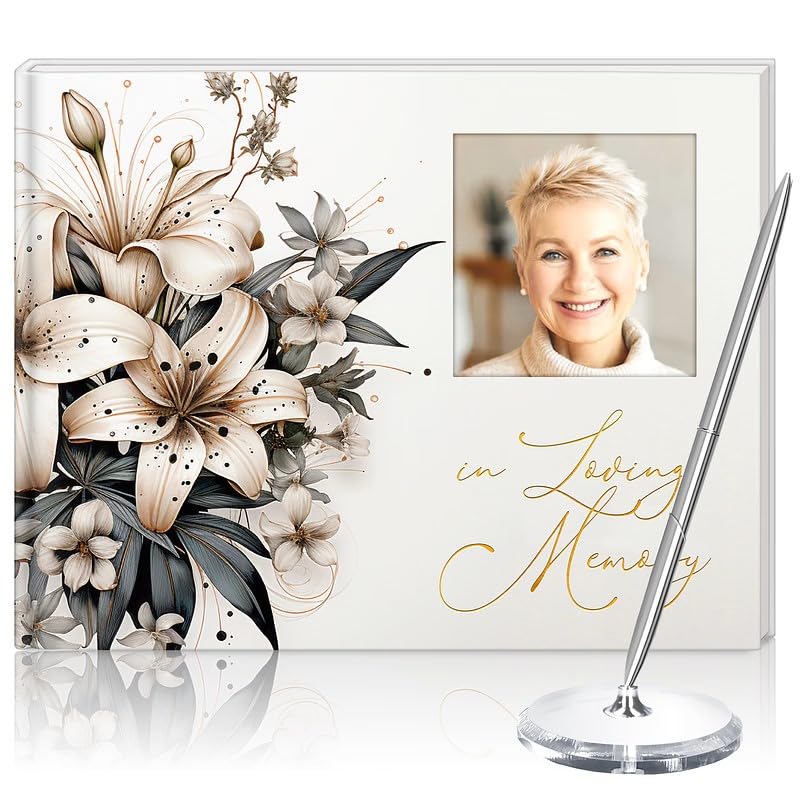 Ca & Gi Store Elegant Funeral Guest Book with Neutral Floral Desi...