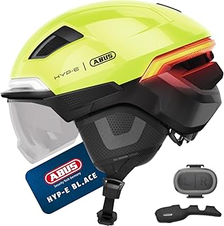 ABUS Fahrradhelm HYP-E B.LACE - mit Front-, Rück- und Blinklicht sowie kabellos zu aktivierendem Bremslicht - mit Visier und Ohrenschützern - für Fahrrad, E-Bike und S-Pedelec