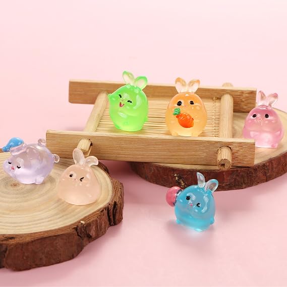 24pcs Luminous Resin Tiny Rabbit Statue Cute Mini Resin Rabbit Figures Colorful Glowing Animals with 6 Styles for Garden Landscape Christmas Easter Birthday Home Party Decorations