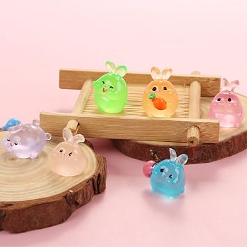 24pcs Luminous Resin Tiny Rabbit Statue Cute Mini Resin Rabbit Figures Colorful Glowing Animals with 6 Styles for Garden Landscape Christmas Easter Birthday Home Party Decorations