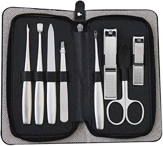 IYARNOVA Set cortauñas Acero Inoxidable pedicura Clippers del Clavo de la Belleza fijados Tijeras Lima de Cuero Negro Caja Portable de 8 Piezas de Herramientas de la Belleza Juego de cortaúñas