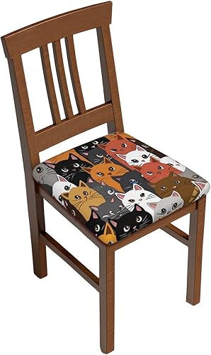 Fundas de asiento cuadradas coloridas y divertidas para sillas de comedor con diseño de gatos y gatitos, cuatro piezas, funda de cojín elástica