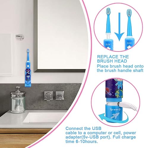 Miniatura 5 de Cepillos de dientes eléctricos musicales para niños 3 modos de temporizador de 2 minutos impermeables 31000 tiempos 4 cerdas OJV 8620 recargable