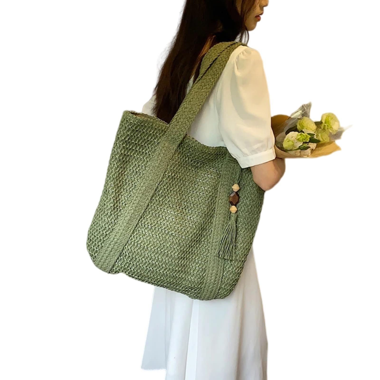 Beauty Case Borsa Tote Tessuta in Paglia da Donna, A Spalla Spiaggia di Grande capacità con Stile Tassel per Viaggi Estivi E Shopping-Green