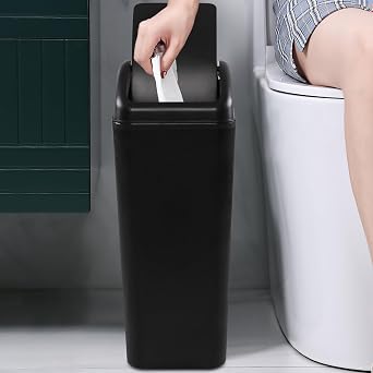 12 Liter/3.2 Gallon Small Slim Trash Can with Swing Lid, Plastic Bathroom Bedroom Office Garbage Can, Black