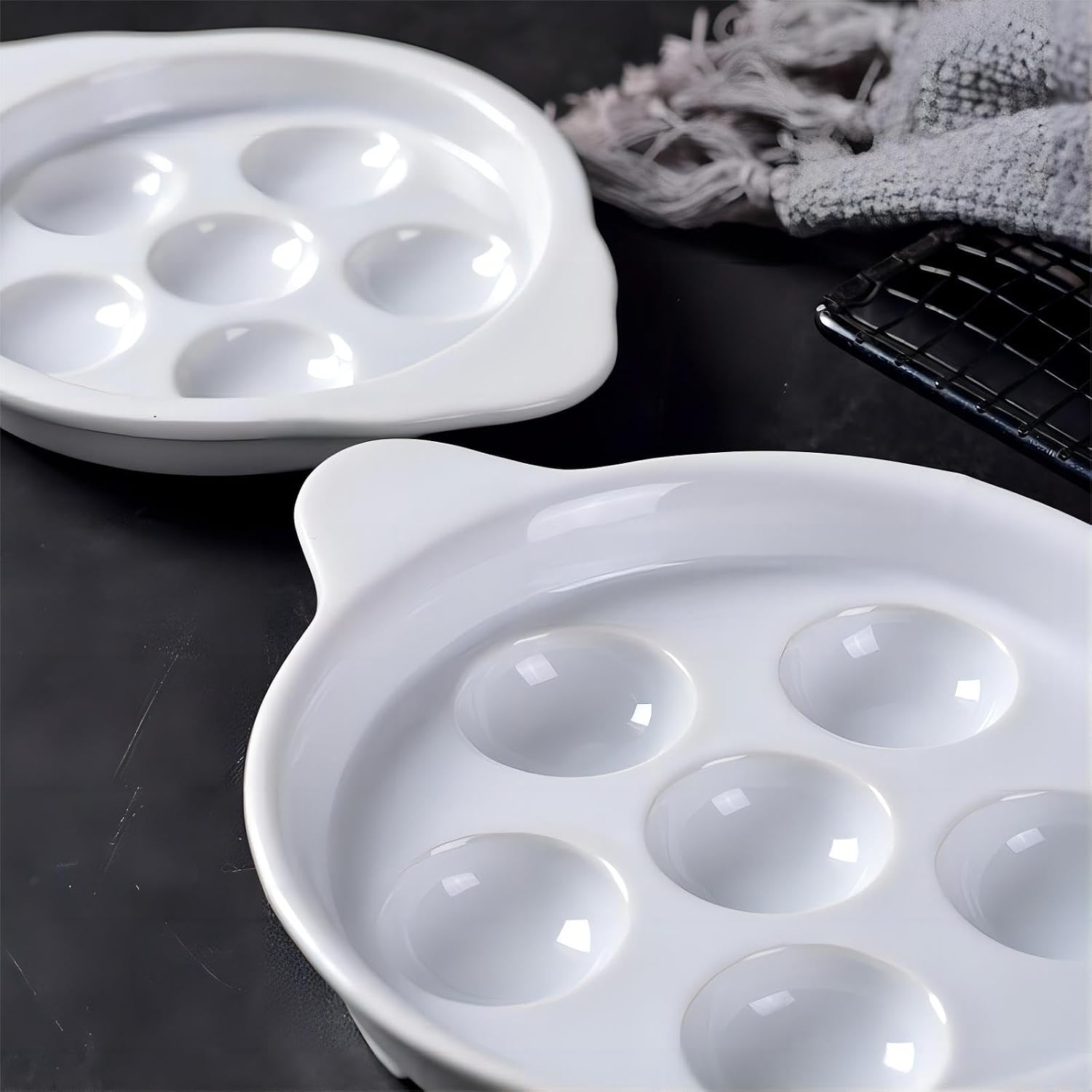 Bamboo's Grocery LoKii 6 Holes 2 Pack Ceramic Escargot Dish, Ceramic Snail Dish with Handles, Escargot Dish Diet Plates, White, 6 Inches, Medium