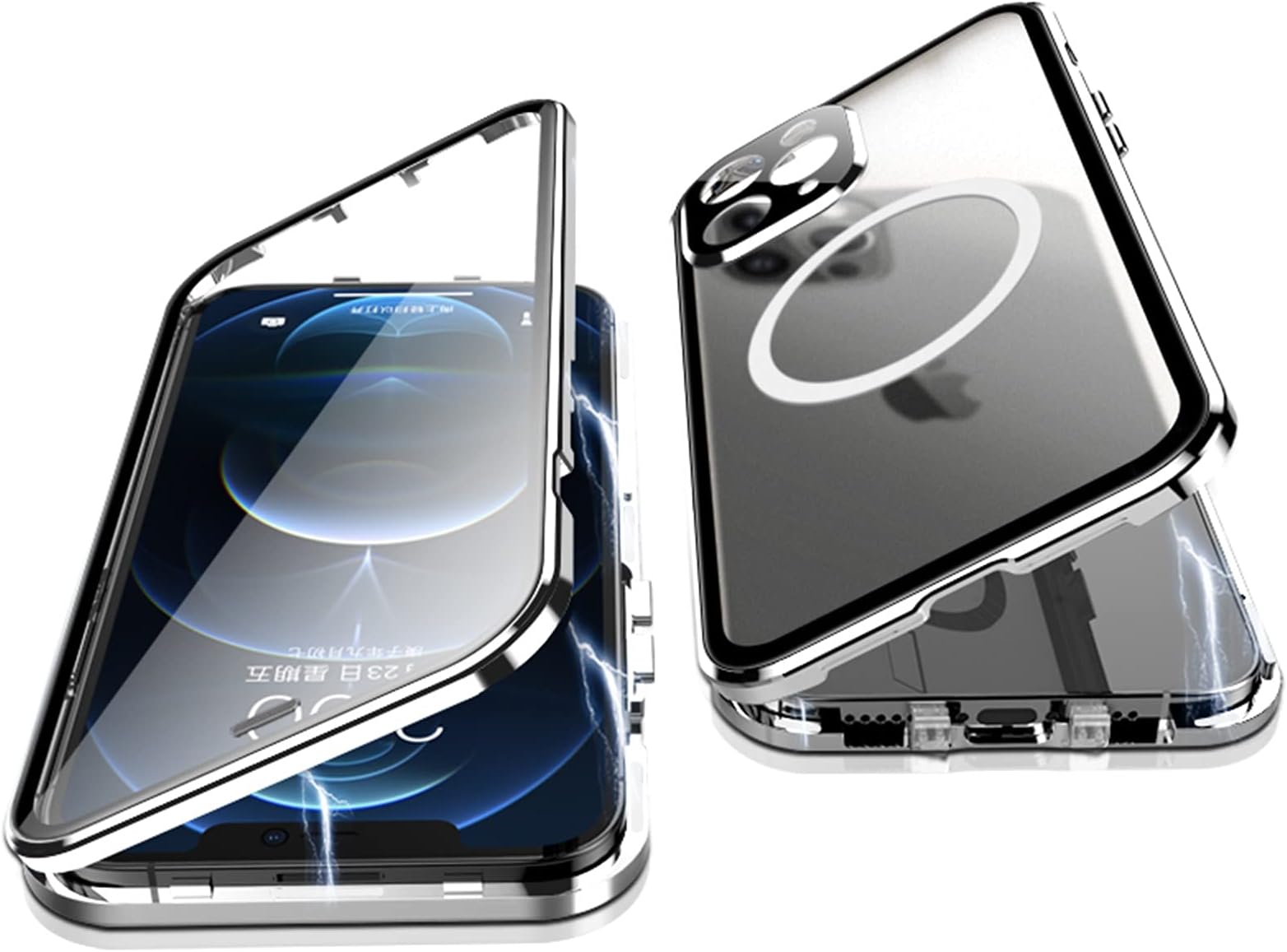 Jonwelsy Case for iPhone 12 Pro, 360 Degree Double-sided Protection Compatible with Magsafe Magnetic Adsorption Metal Bumper Front Tempered Glass Back Frosted PC Cover for iPhone 12 Pro 6.1" (Silver)