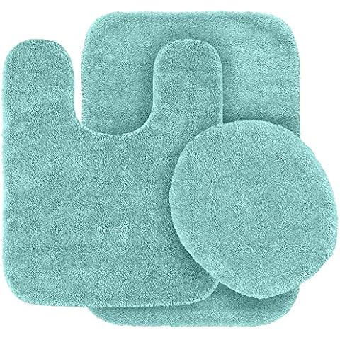 Fancy Linen 3pc Solid Non-Slip Bath Mat Set Bathroom U-Shaped Contour Rug, Mat and Toilet Lid Cover New # 6 (Sea Foam/Aqua) Cover