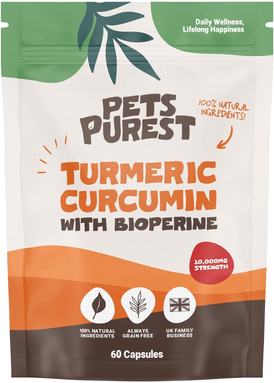 100% Natural Premium Turmeric For Dogs 10,000mg with Active Bioperine Cats, Horses & Pets Powerful Antioxidant Supplement For Joints & Hips 60 capsules