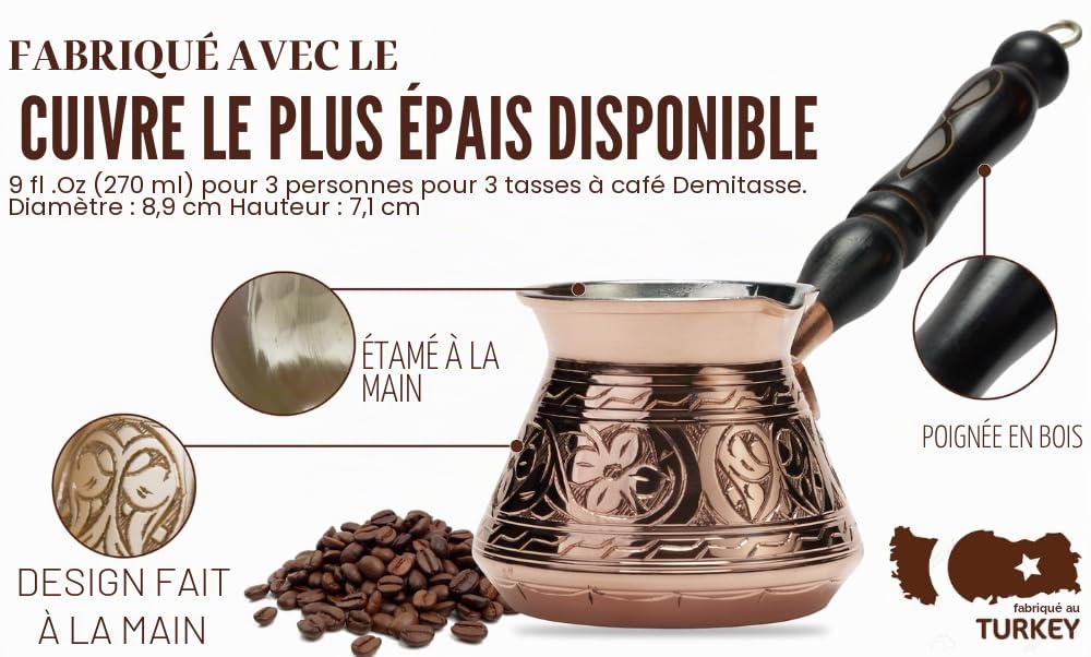 DEMMEX Cafetière Turque Grecque Arabe en Cuivre le Plus Épais, Pot à Café pour Cuisinière, Cezve Ibrik Briki avec Manche en Bois & Cuillère, (Gravé à la Main (270 ml))