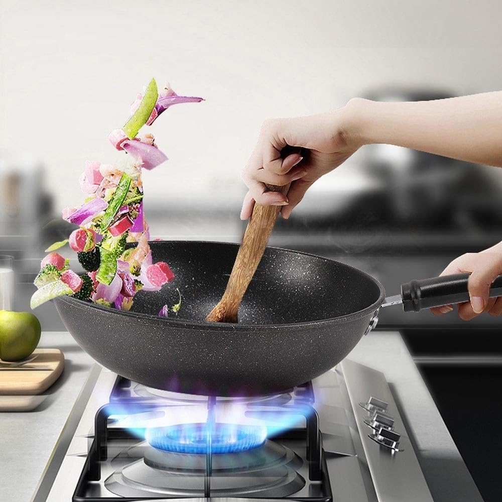 Wok Cinese da 126 Pollici Antiaderente pressofuso AntiGraffio con Coperchio per Piani Cottura a induzione in Ceramica elettrici e a Gas - 28 cm,28 Centimetri