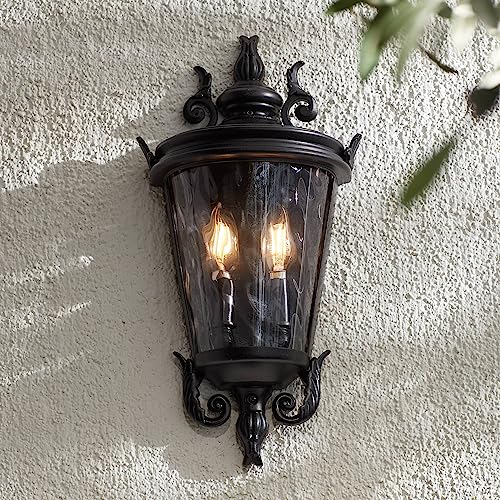 John Timberland Casa Marseille European Outdoor Wall Light Fixture Textured Black Scroll 17" Clear Hammered Glass for Exterior House Porch Patio Outside Deck Garage Yard Front Door Garden Home