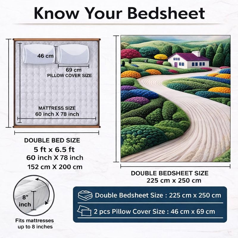 Image of Akshya Glace Cotton 7D Double Bed Sheet - Wrinkle-Free 300 TC King Size Bedsheet (90x100) with 2 Pillow Covers for Daily Use Multicolor Home Print