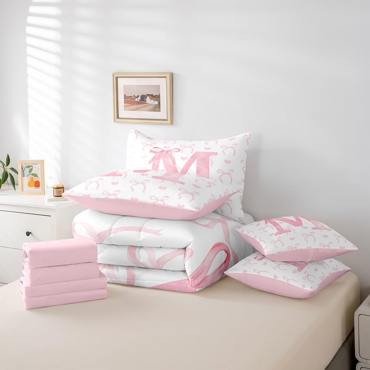 Cartoon Bows Twin Size Comforter Set With Sheets, Kawaii Pink Bow Bed In A Bag For Girls Princess Room Decor, Girly Initial Letter M Bow 7 Pcs Bedding Set, Cute Love Heart Bedding Comforter Sets