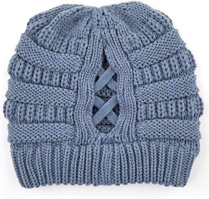 Criss Cross Tail Ponytail Messy Bun Ribbed Knit Beanie Hat Cap