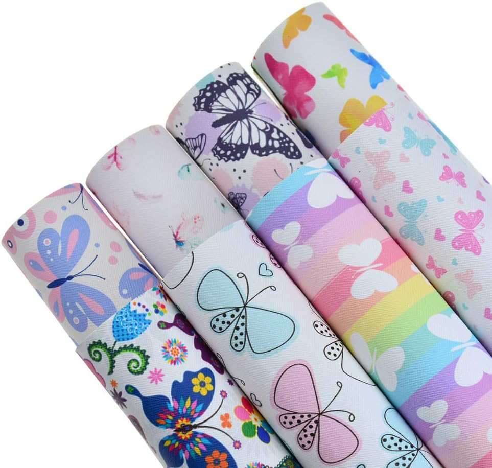 8 Pieces 8x12 Inch(21x30cm) Butterfly Pattern Printed Faux Leather Fabric Sheets Cotton Back for Leather Bows and Earrings Making, Each Pattern One Sheet, in Total 8 Sheets